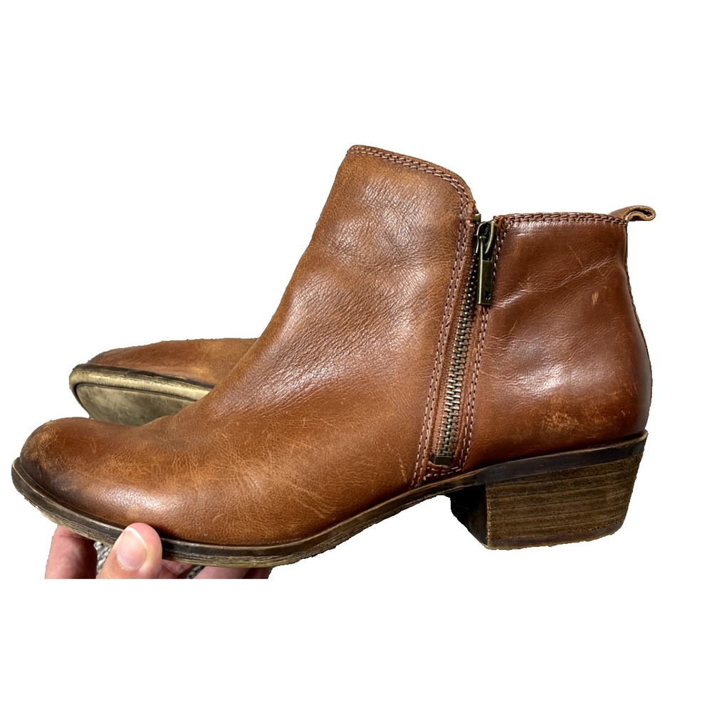 Lucky Brand Boots Womens 10 Brown Leather Basel Bootie Ankle Zip Block Heel